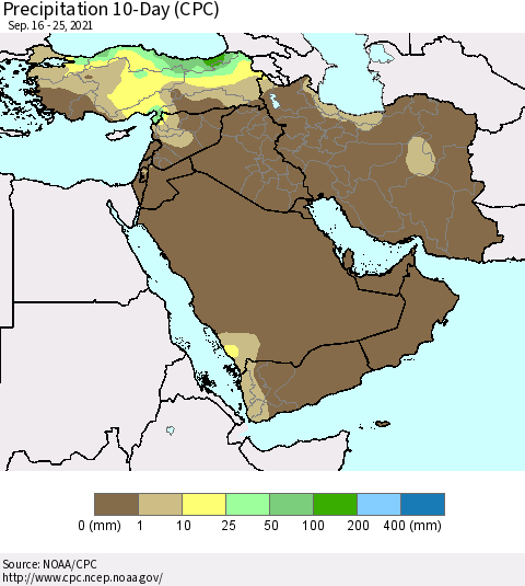 Middle East and Turkey Precipitation 10-Day (CPC) Thematic Map For 9/16/2021 - 9/25/2021