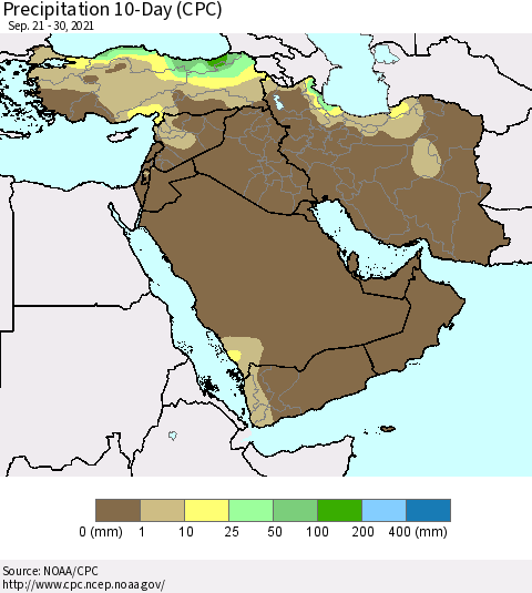 Middle East and Turkey Precipitation 10-Day (CPC) Thematic Map For 9/21/2021 - 9/30/2021
