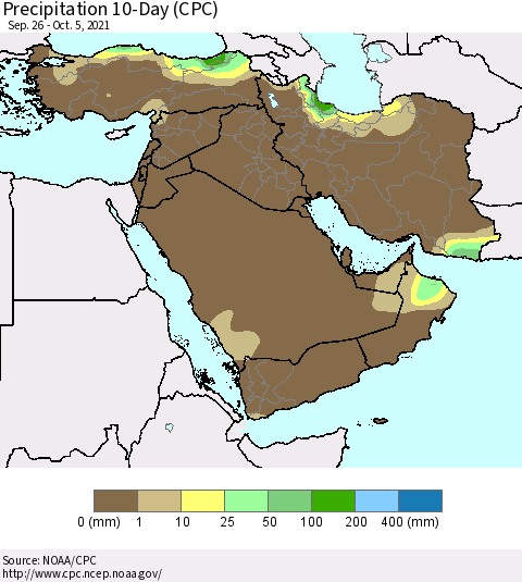 Middle East and Turkey Precipitation 10-Day (CPC) Thematic Map For 9/26/2021 - 10/5/2021