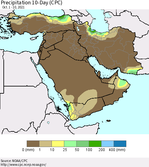 Middle East and Turkey Precipitation 10-Day (CPC) Thematic Map For 10/1/2021 - 10/10/2021