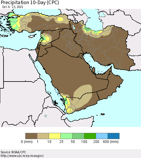 Middle East and Turkey Precipitation 10-Day (CPC) Thematic Map For 10/6/2021 - 10/15/2021