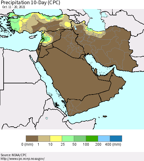 Middle East and Turkey Precipitation 10-Day (CPC) Thematic Map For 10/11/2021 - 10/20/2021