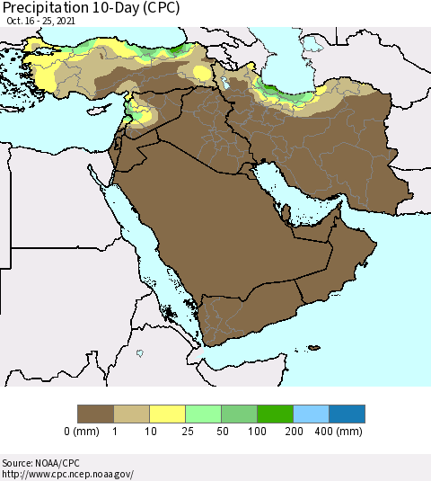 Middle East and Turkey Precipitation 10-Day (CPC) Thematic Map For 10/16/2021 - 10/25/2021