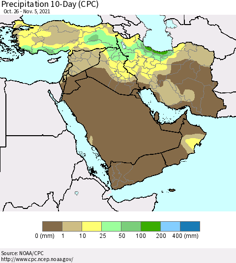 Middle East and Turkey Precipitation 10-Day (CPC) Thematic Map For 10/26/2021 - 11/5/2021