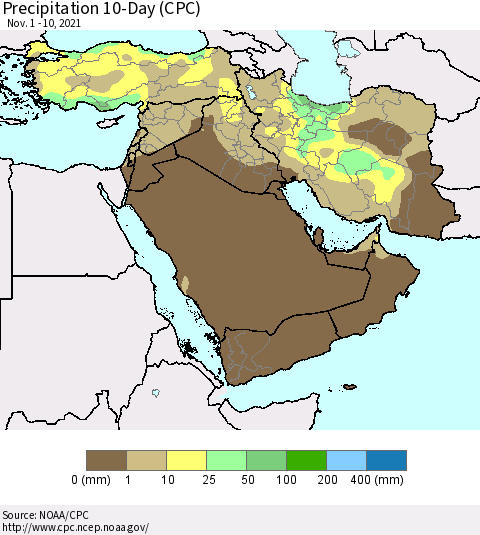 Middle East and Turkey Precipitation 10-Day (CPC) Thematic Map For 11/1/2021 - 11/10/2021