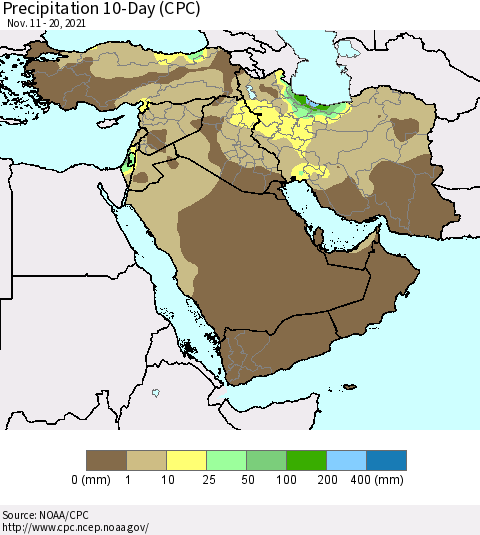 Middle East and Turkey Precipitation 10-Day (CPC) Thematic Map For 11/11/2021 - 11/20/2021