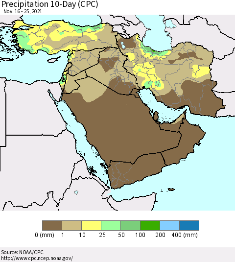 Middle East and Turkey Precipitation 10-Day (CPC) Thematic Map For 11/16/2021 - 11/25/2021