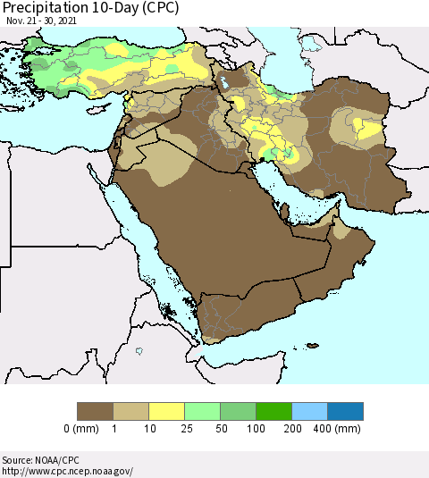 Middle East and Turkey Precipitation 10-Day (CPC) Thematic Map For 11/21/2021 - 11/30/2021