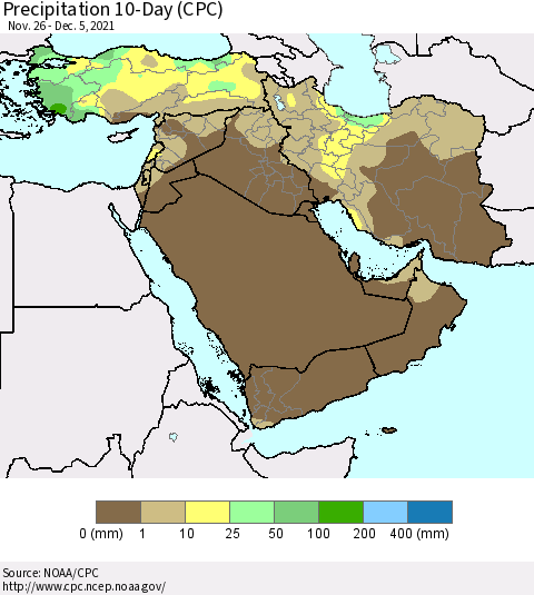 Middle East and Turkey Precipitation 10-Day (CPC) Thematic Map For 11/26/2021 - 12/5/2021
