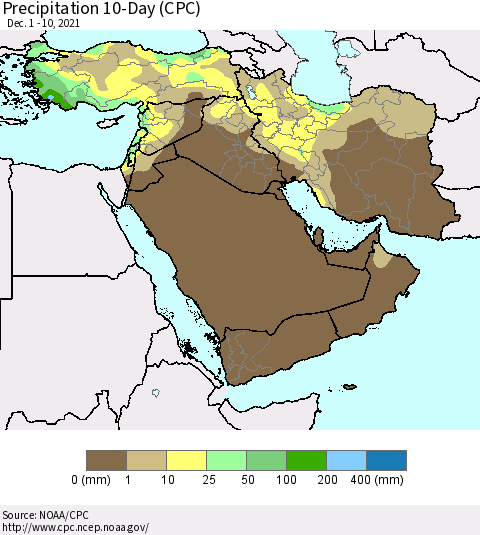 Middle East and Turkey Precipitation 10-Day (CPC) Thematic Map For 12/1/2021 - 12/10/2021
