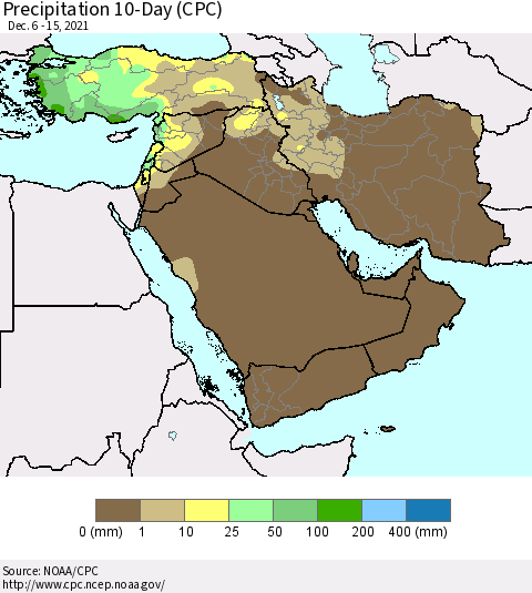 Middle East and Turkey Precipitation 10-Day (CPC) Thematic Map For 12/6/2021 - 12/15/2021
