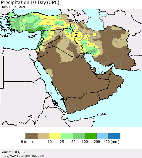 Middle East and Turkey Precipitation 10-Day (CPC) Thematic Map For 12/11/2021 - 12/20/2021