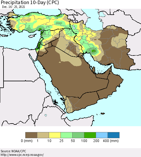 Middle East and Turkey Precipitation 10-Day (CPC) Thematic Map For 12/16/2021 - 12/25/2021