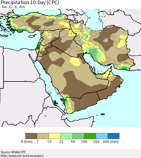 Middle East and Turkey Precipitation 10-Day (CPC) Thematic Map For 12/21/2021 - 12/31/2021