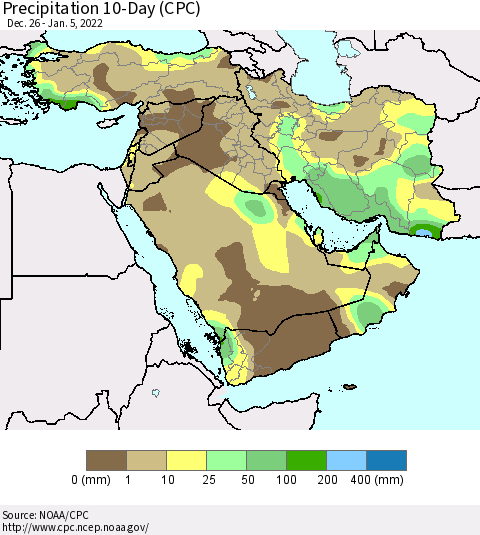 Middle East and Turkey Precipitation 10-Day (CPC) Thematic Map For 12/26/2021 - 1/5/2022