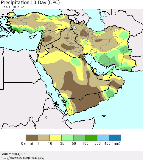 Middle East and Turkey Precipitation 10-Day (CPC) Thematic Map For 1/1/2022 - 1/10/2022