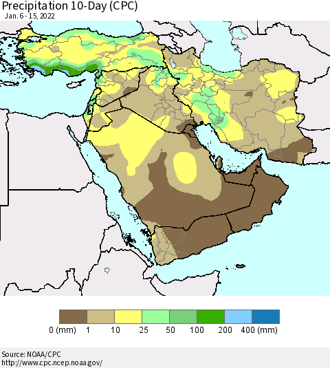 Middle East and Turkey Precipitation 10-Day (CPC) Thematic Map For 1/6/2022 - 1/15/2022