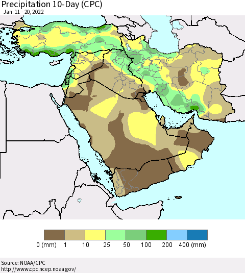 Middle East and Turkey Precipitation 10-Day (CPC) Thematic Map For 1/11/2022 - 1/20/2022