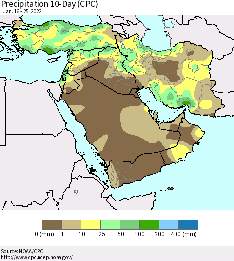 Middle East and Turkey Precipitation 10-Day (CPC) Thematic Map For 1/16/2022 - 1/25/2022