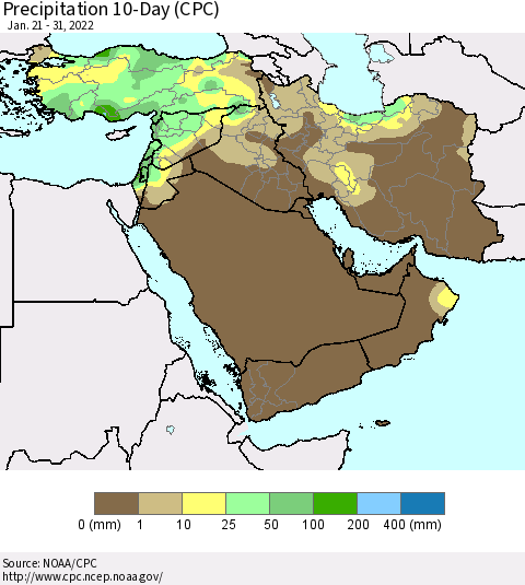 Middle East and Turkey Precipitation 10-Day (CPC) Thematic Map For 1/21/2022 - 1/31/2022
