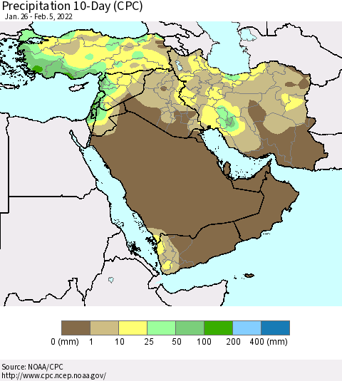 Middle East and Turkey Precipitation 10-Day (CPC) Thematic Map For 1/26/2022 - 2/5/2022