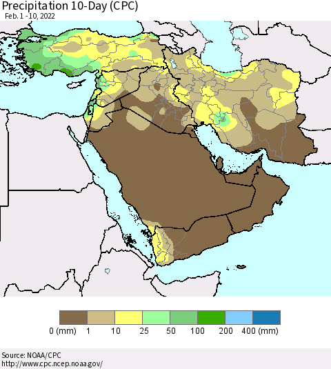 Middle East and Turkey Precipitation 10-Day (CPC) Thematic Map For 2/1/2022 - 2/10/2022