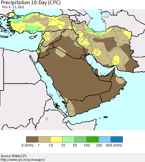 Middle East and Turkey Precipitation 10-Day (CPC) Thematic Map For 2/6/2022 - 2/15/2022