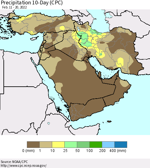 Middle East and Turkey Precipitation 10-Day (CPC) Thematic Map For 2/11/2022 - 2/20/2022