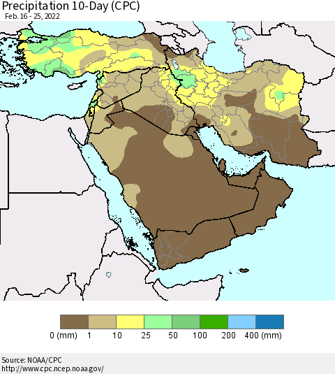 Middle East and Turkey Precipitation 10-Day (CPC) Thematic Map For 2/16/2022 - 2/25/2022