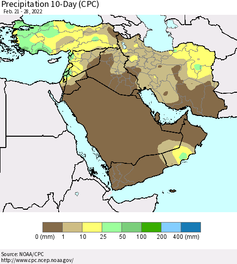 Middle East and Turkey Precipitation 10-Day (CPC) Thematic Map For 2/21/2022 - 2/28/2022