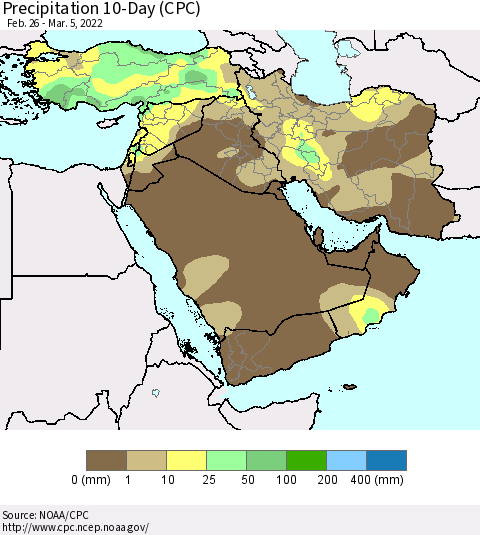 Middle East and Turkey Precipitation 10-Day (CPC) Thematic Map For 2/26/2022 - 3/5/2022