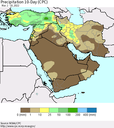 Middle East and Turkey Precipitation 10-Day (CPC) Thematic Map For 3/1/2022 - 3/10/2022