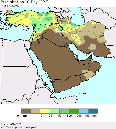 Middle East and Turkey Precipitation 10-Day (CPC) Thematic Map For 3/6/2022 - 3/15/2022