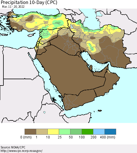 Middle East and Turkey Precipitation 10-Day (CPC) Thematic Map For 3/11/2022 - 3/20/2022