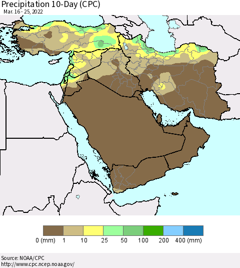 Middle East and Turkey Precipitation 10-Day (CPC) Thematic Map For 3/16/2022 - 3/25/2022