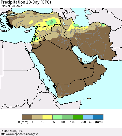 Middle East and Turkey Precipitation 10-Day (CPC) Thematic Map For 3/21/2022 - 3/31/2022
