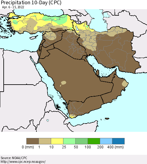 Middle East and Turkey Precipitation 10-Day (CPC) Thematic Map For 4/6/2022 - 4/15/2022