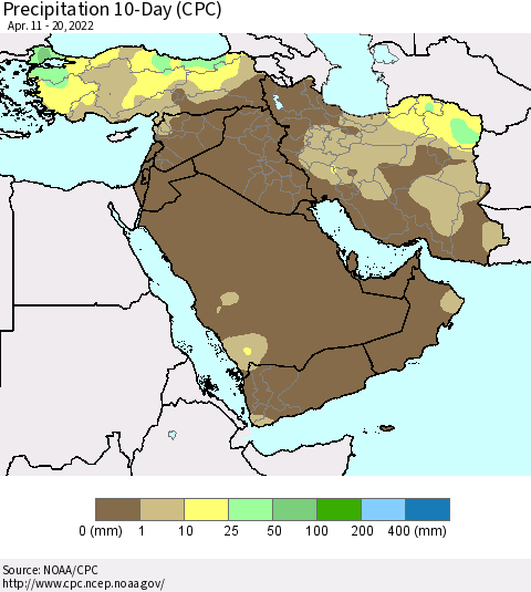 Middle East and Turkey Precipitation 10-Day (CPC) Thematic Map For 4/11/2022 - 4/20/2022