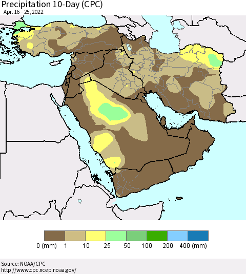Middle East and Turkey Precipitation 10-Day (CPC) Thematic Map For 4/16/2022 - 4/25/2022