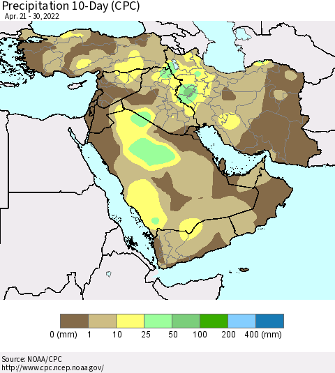 Middle East and Turkey Precipitation 10-Day (CPC) Thematic Map For 4/21/2022 - 4/30/2022
