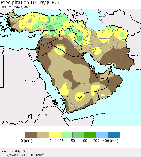 Middle East and Turkey Precipitation 10-Day (CPC) Thematic Map For 4/26/2022 - 5/5/2022