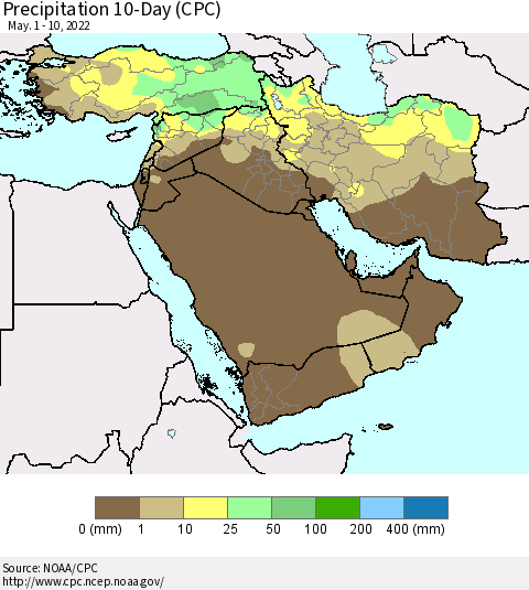 Middle East and Turkey Precipitation 10-Day (CPC) Thematic Map For 5/1/2022 - 5/10/2022
