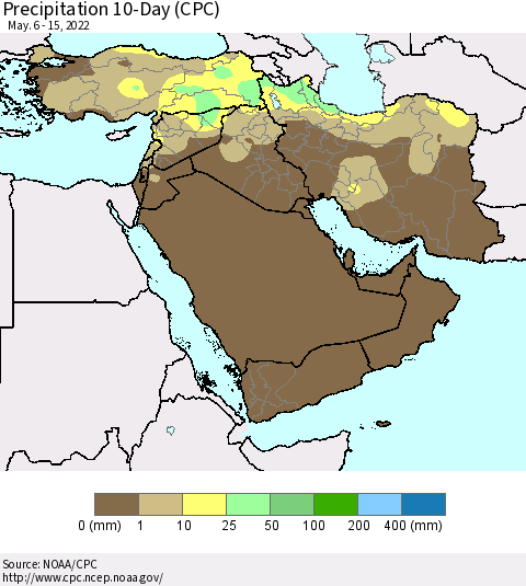 Middle East and Turkey Precipitation 10-Day (CPC) Thematic Map For 5/6/2022 - 5/15/2022