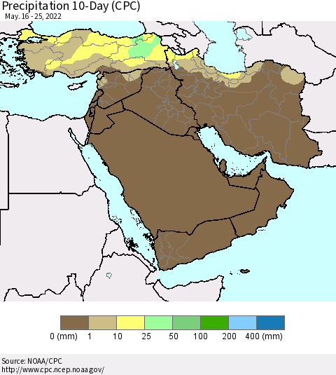 Middle East and Turkey Precipitation 10-Day (CPC) Thematic Map For 5/16/2022 - 5/25/2022