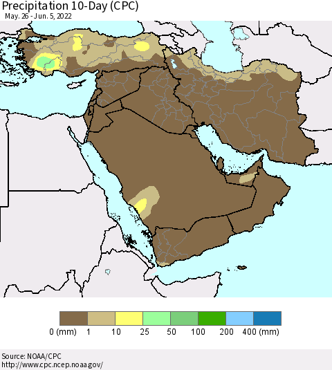 Middle East and Turkey Precipitation 10-Day (CPC) Thematic Map For 5/26/2022 - 6/5/2022