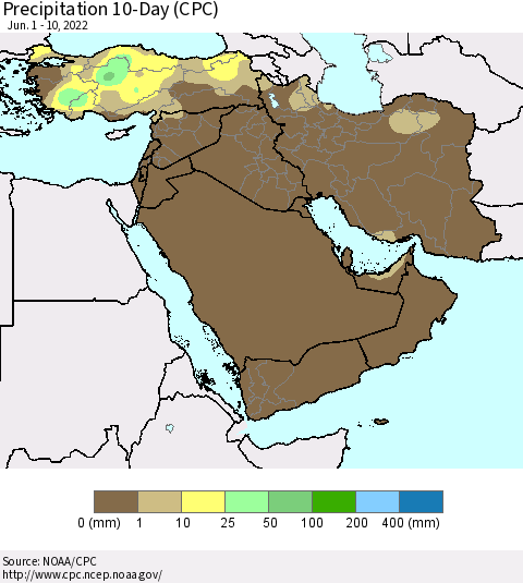 Middle East and Turkey Precipitation 10-Day (CPC) Thematic Map For 6/1/2022 - 6/10/2022