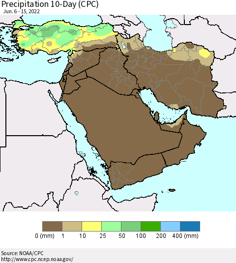 Middle East and Turkey Precipitation 10-Day (CPC) Thematic Map For 6/6/2022 - 6/15/2022