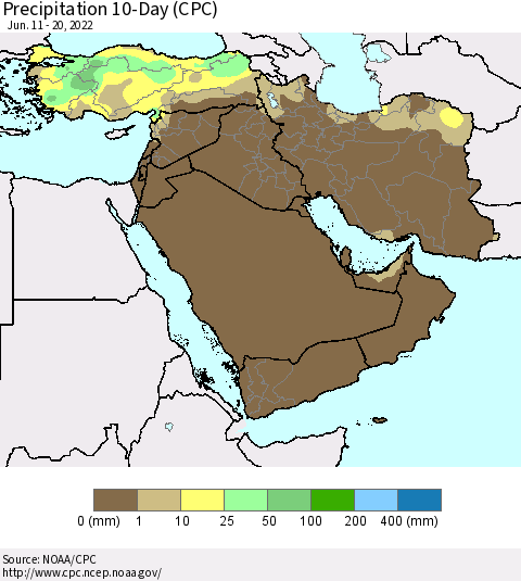 Middle East and Turkey Precipitation 10-Day (CPC) Thematic Map For 6/11/2022 - 6/20/2022
