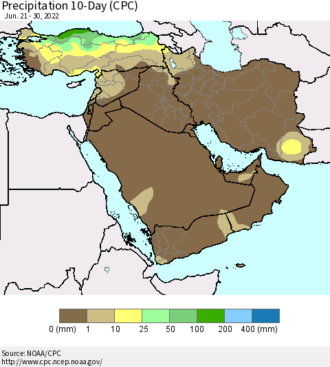 Middle East and Turkey Precipitation 10-Day (CPC) Thematic Map For 6/21/2022 - 6/30/2022