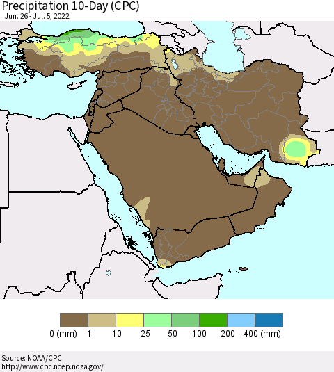 Middle East and Turkey Precipitation 10-Day (CPC) Thematic Map For 6/26/2022 - 7/5/2022